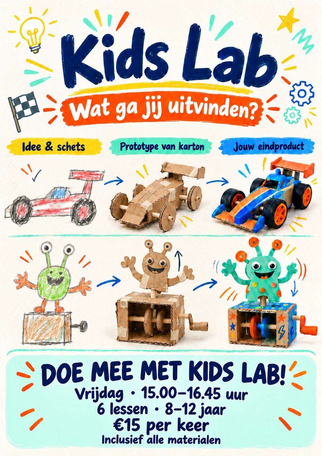 Kids Lab: van een kindertekening via een kartonnen proefmodel naar een raceauto of bewegend figuurtje