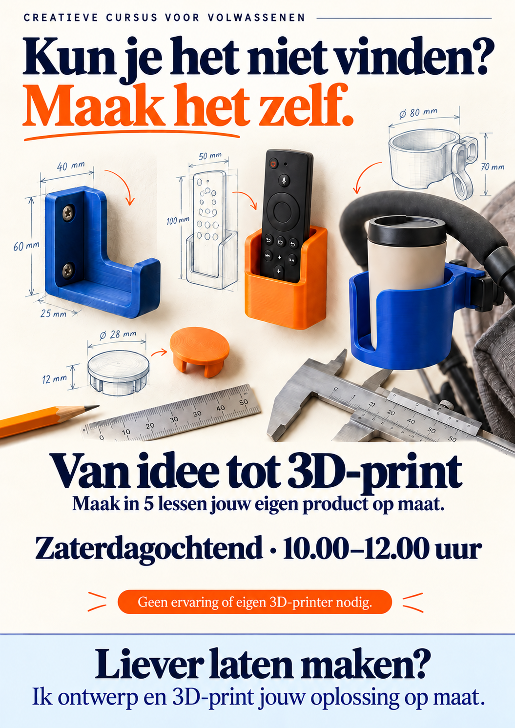 Van idee tot 3D-print: voorbeelden van een beugel, afstandsbedieninghouder en cupholder op maat